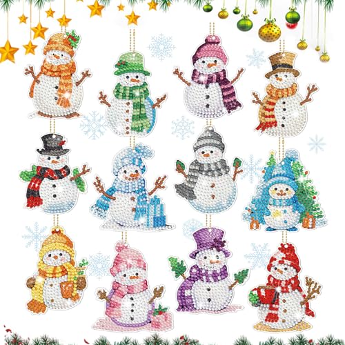 12 Stück Multicolor Schneemann Diamond Painting Schlüsselanhänger Kit,Diamond Painting Weihnachten Anhänger,Bastelset weihnachten kinder,DIY Doppelseitige Diamond Painting Weihnachten Deko
