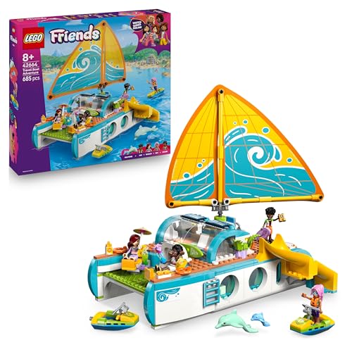 LEGO Friends Segelabenteuer Set - Spielzeug mit Boot mit drehbarem Segel, 4 Minifiguren & 2 Delfin Figuren sowie lustigem Zubehör – Kreatives Geburtstagsgeschenk für Mädchen ab 8 Jahren – 42664