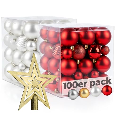 Menz Weihnachtskugeln 101er Rot & Weiß mit Glanz Matt Glitter 3 4 6cm inklusive Sternspitze hochwertige Christbaumkugeln perfekte Weihnachtsdeko für jeden Baum