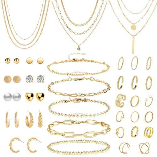 JSTHHTT 40 Stück Schmucksets für Damen, Goldschmuck Und Silberschmuck: Modeschmuck Schmuckset, Schmucksets Goldschmucksets für Frauen Trendige Klobige Goldene, Women's Jewellery Sets, Schmuckset Gold