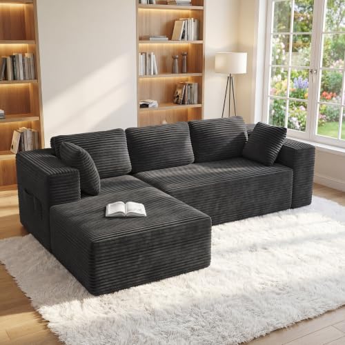 Xbro Ecksofa L-Form modular, Montagefrei Cord Couch 3-Sitzer, Flexibel kombinierbar mit Kissen & Seitentaschen, Für Wohnzimmer und Schlafzimmer, 250 x 136 x 40 cm, Schwarz
