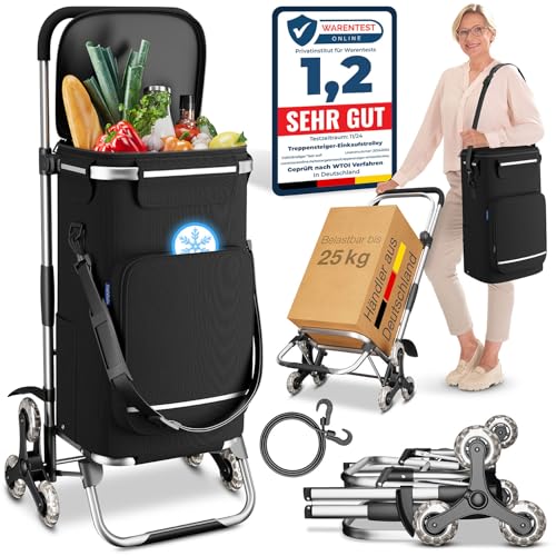 ELONEO Einkaufstrolley Treppensteiger mit Kühlfach, Einkaufsroller klappbar, Shopping Trolley höhenverstellbar, Reflektoren, abnehmbare Tasche 43 L, Hackenporsche (Treppensteiger-Trolley, Schwarz)