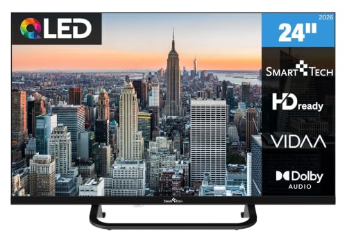 Smart Tech 24QV02V QLED Fernseher 24 Zoll VIDAA Smart TV mit HD Auflösung | Camping TV mit 12 Volt Anschluss | Dolby Digital Plus | 3x HDMI | 2x USB | Triple-Tuner DVB-C/-S2/-T2 | Modelljahr 2026