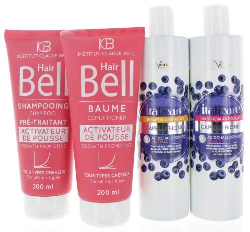 Veana Hyaluronsäure Blaubeer Haarshampoo + Haarmaske 2 x 300 ml Anti-Gelbstich + HairBell Shampoo & Conditioner 2x200 ml, Haare wachsen schneller, fördert Haarwachstum