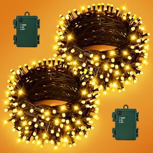 Gcstnn Lichterkette Batterie Außen, 2 Stück Insgesamt 10M 100LED Warmweiß Weihnachten Lichterkette mit Timer IP65 Wasserdicht Lichterketten für Weihnachtsbaum Schlafzimmer Garten Innen Dekorationen