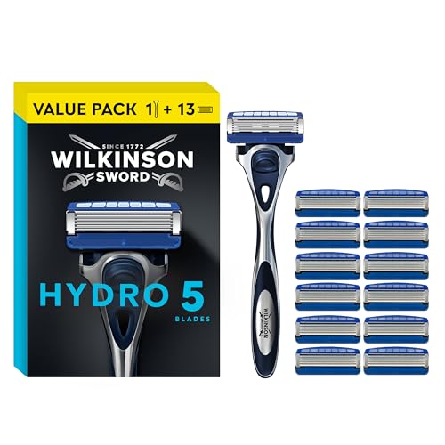 Wilkinson Sword - Hydro 5 Rasierer für Männer, Rasiergriff + 13 Rasierklingen, Feuchtigkeitsspendende Gel-Pools und umklappbarer Trimmer