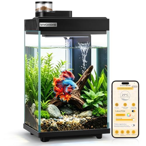 VIVOHOME 9,5L Smart Mini Aquarium Glas Nano Fischtank mit APP & LED | APP-Steuerung, LED-Beleuchtung, Leise Pumpe, Filtersystem, Temperaturanzeige. Ideal für Schreibtisch & Zimmer‑Deko