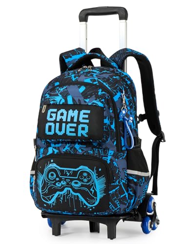 Amythe Trolley-Rucksack Jungen Kinder 8-12 Jahre mit 6 Räder, Blau