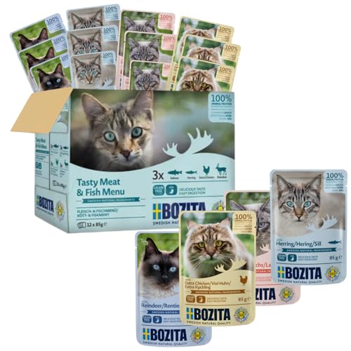 Bozita Nassfutter Häppchen in Sauce mit Fisch und Fleisch - 12x85g Portionsbeutel getreidefreies & weizenfreies Futter - Katzennassfutter für erwachsene Katzen mit 8,5% Protein & 4,5% Fettgehalt