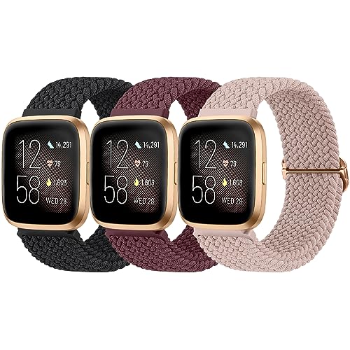 Wanme 3 Stück Armband für Fitbit Versa 2/Lite/SE, Weiches Verstellbares Geflochtenes Ersatzband, Elastisches Nylon für Frauen und Männer (Schwarz+Rosa+Weinrot)