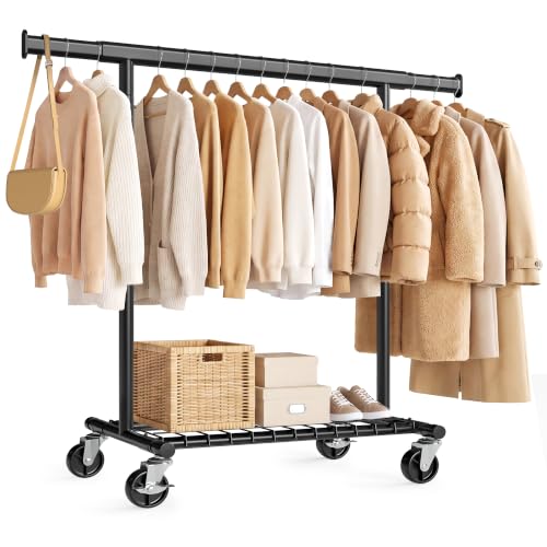 SONGMICS Kleiderständer auf Rollen, ausziehbar, 180 kg | Garderobenständer Metall, (92-132) x 45 x 161,5 cm, Schlafzimmer, Schwarz, Pataye Kollektion HSR177B101