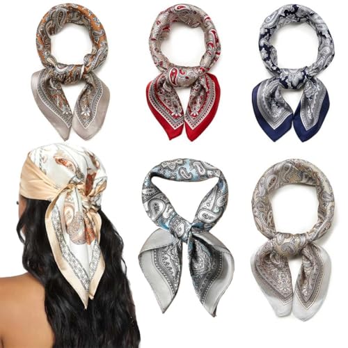 5 Stück Kopftuch Damen Bandanas Haartuch Halstuch Haarschmuck Quadratischer Schal Seide Kopftuch Seiden Women's Scarves Drucken Kopfbedeckung kopftuch Schal Glatter Seidenschal Damen (60 * 60CM)