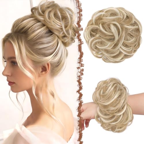 FESHFEN Haarteil Mit Gummiband, Groß Dutt Haarteil Haargummi Mit Haaren Gelockt Haardutt Synthetisch Haarverlängerung Pferdeschwanz Haarteile für Damen Mädchen, Blond Strähnen 55g