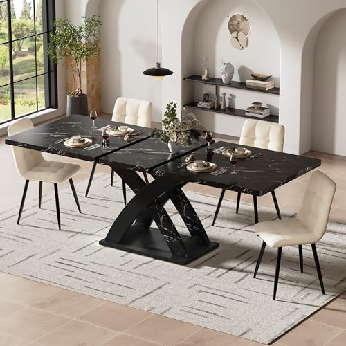 Gxffipw Esstisch Ausziehbar mit X-Förmige Tischbeine für 4-6 Personen, Esszimmertische Küchentisch mit Unverwechselbare Muster, Esstisch Holz Esszimmertisch Ausziehbar, 120-160x80x75 cm, Schwarz 