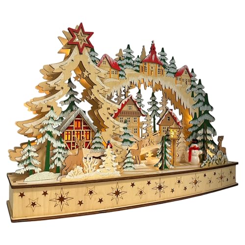 Wichtelstube-Kollektion XL LED Schwibbogen Weihnachtsdorf Lichterbogen Weihnachten Echtholz Schwippbogen mit Podest, Trafo und Batteriebetrieb möglich, inkl. Timer 45cm