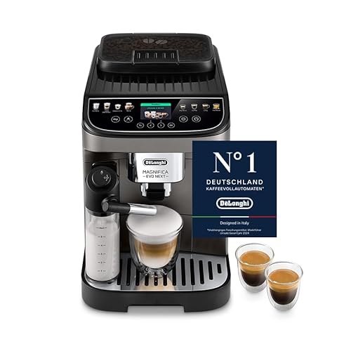 De’Longhi Magnifica Evo Next - Perfetto Kaffeevollautomat mit LatteCrema-Milchaufschäumer, 13 One-Touch-Getränke, Coffee- und Cappuccino Kaffeemaschine, farbiges Touch-Display, Titan (ECAM312.80.TB)