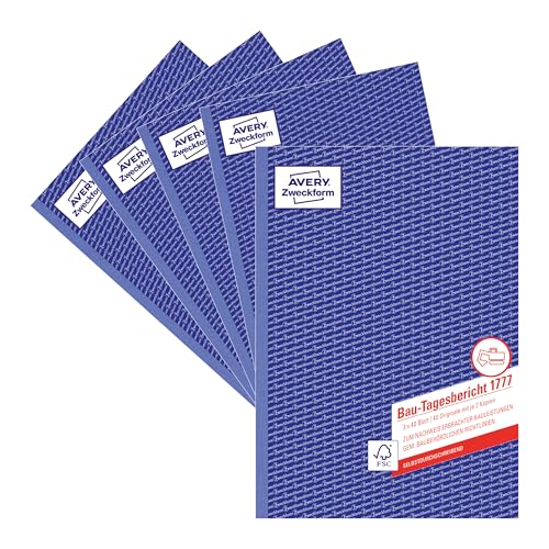 AVERY Zweckform 1777-5 Bau-Tagesbericht (A4, selbstdurchschreibend, gem. baubehördlichen Richtlinien, für Deutschland u.Österreich zum Nachweis erledigter Arbeit),3 x 40 Blatt,5er-Pack,Weiß/Gelb/Rosa