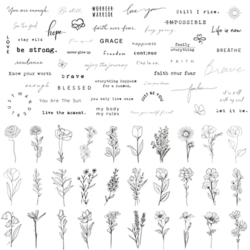 Esland Realistische Temporäre Tattoos 60 Blatt Winzige Kleine Abnehmbare Tattoos, 30 Stück Inspirierende Zitate Worte Tattoo, 30 Stück Wilde Blumen Ink Line Botanische Blumenblätter Tattoo Aufkleber