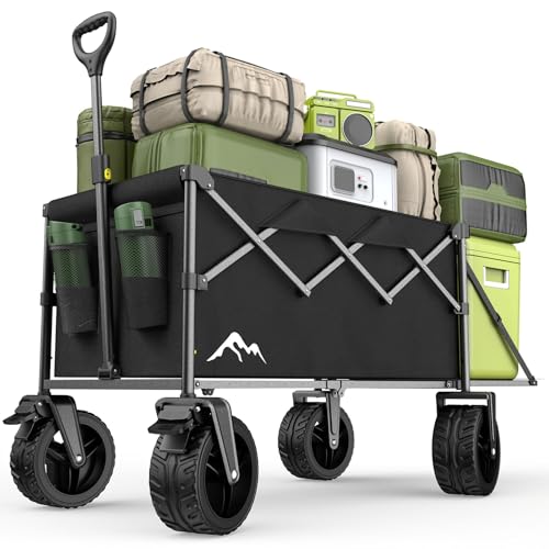 XXXL Bollerwagen Faltbar 300L mit Verstellbarer Heckklappe, 200 KG Belastbar, 360°-Schwenkbare All-Terrain-Räder & Doppelbremsen, Verstellbarer Griff & 2 Netztaschen,Strand/Wanderung/Camping/Einkauf