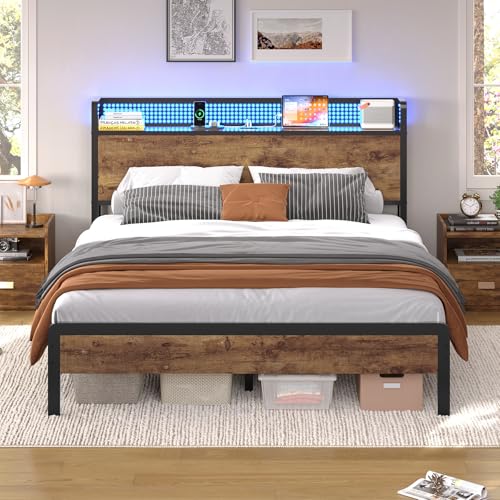 KIMENICH Bett 140X200 mit LED-Beleuchtung, Bettgestell 140x200 Lattenrost aus Metall, Metallbett mit Ladestation, Holzkopfteil mit Stauraum, Stauraum unter dem Bett, Schlafzimmer, Vintage-Braun