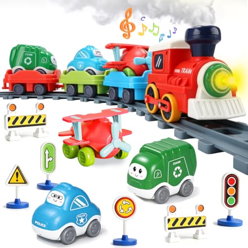 Elektrisches Eisenbahn Spielzeug für Kleinkinder mit Dampf, Licht & Musik | inkl. Push & Go Polizeiauto, Müllwagen & Flugzeug Spielzeug, Ideales Geburtstagsgeschenk für Jungen & Mädchen