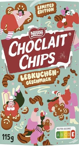 Nestlé CHOCLAIT CHIPS Lebkuchen, leckerer Knusper-Snack mit Lebkuchengeschmack, umhüllt von Milchschokolade und verfeinert mit Dekorstreifen aus Zartbitterschokolade, 1er Pack (1 x 115g)