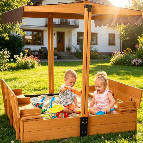 Aivituvin Kinder Sandkasten mit Abdeckung, 120x120x132cm Holz Deckel sandkiste mit aufziehbarer Dach, faltbaren Sitzbänken für draußen (Naturholzfarben)