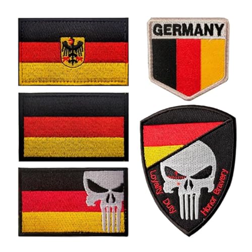 5 Stücke Deutschland Flaggen Klett Punisher Patch für Taktische Militär Kleidung, Rucksack, Baseballkappe, Uniform, Weste, Hundegeschirr - Airsoft Klett für Rucksäcke Militär