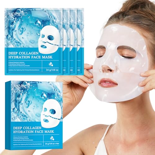 Collagen Face Mask for Deep Hydration,Ergänzt verlorenes Kollagen,bringt die Haut wieder zu Festigkeit und Elastizität,verbessert Falten,verbessert Hautton und verblässt Flecken-4 Pack