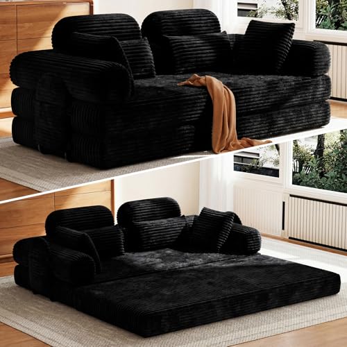 HOMRELEXA Schlafsofa 200cm Breit, Boneless Couch, Bodensofa Bed mit Hohe Rückenlehne, Abnehmbare Integrierte Kopf- und Lendenstütze, 2 Zierkissen, Seitentasche, Cord Sofa mit schlaffunktion, Schwarz