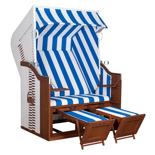 MR. DEKO® Strandkorb Devries Profi Ostsee Fehmarn | Mahagoni Natur Vollholz PE weiß mit ERA Gewebe | Strandkörbe mit 2 Fußablagen | für Gewerbe, Gastro, Garten, Wintergarten und Terrasse (Dessin 991)