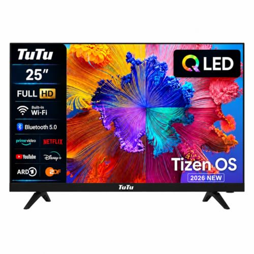 TuTu Smart TV 25 Zoll (64 cm), Full HD QLED Fernseher, TU25Q1FQ-T8, 2026 | Powered by Tizen, WLAN, Bluetooth, App Store, AirPlay, Triple Tuner (DVB-T/T2, DVB-C, DVB-S/S2), HDMI, USB