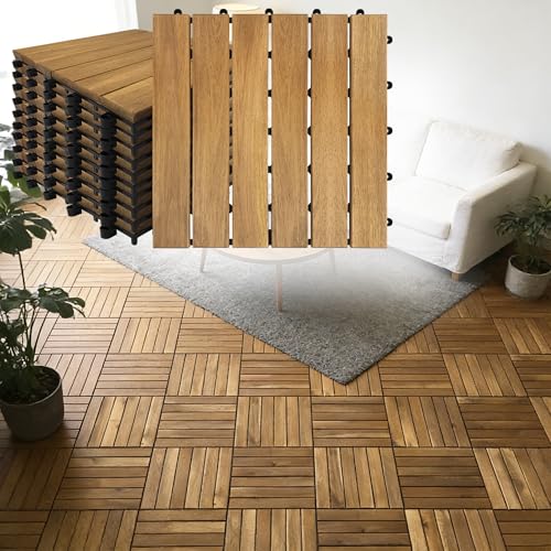 Suusolny 55er Pack / 5m² Holzfliesen Balkonfliesen aus Holz Balkonboden wetterfest 30x30cm aus Akazienholz Holzboden Klickfliesen Terrassenfliesen mit Drainage Gartenfliesen Zuschneidbar - Model A