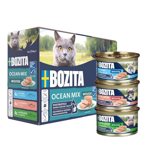 Bozita Mousse Ocean Mix – 12x85g Nassfutter für Katzen mit Thunfisch, Lachs oder Seelachs - getreidefrei, ohne Zucker & Farbstoffe – mit Postbiotika für eine gesunde Darmflora