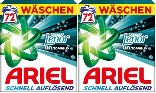 Ariel's schnell auflösendes Pulver Waschmittel mit einem Touch of Lenor Unstoppables, 72 Wäschen, Touch of Lenor Unstoppables, Tiefenreinigung für lang anhaltende Frische (Packung mit 2)