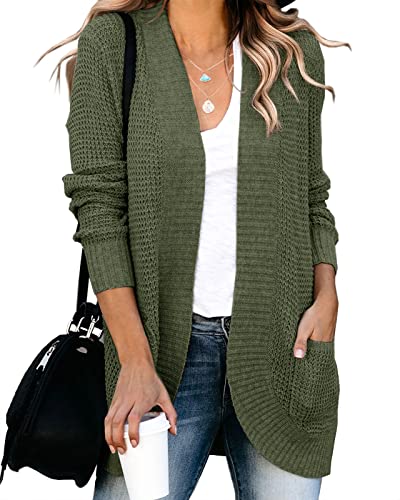 Saodimallsu Damen Oversized Strickjacke Open Front Langarm Lässige Leichte Weiche Cardigan Mantel Mit Taschen (Groß, Armeegrün)