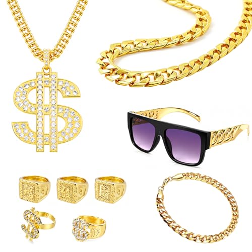 9 Stück Zuhälter Kostüm Set, 80/90 Jahre Hip Hop Anziehen, Rapper Kostüm, Metall Vergoldet Große Goldkette, Chinesische Zeichen Ring Geeignet, Dollar Symbol Ring für Karneval Fasching Mottoparty