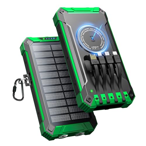 Wireless Solar Powerbank 26800mAh mit 4 Kabeln, Power Bank USB-C 15W Schnellladung 6 Ausgänge 3 Eingänge für Handy Tablets, Outdoor Camping Solar Ladegerät Externer Akku mit Taschenlampe