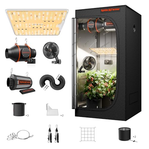 Spider Farmer SF1000D Growzelt Komplettset LED Grow Lampe Vollspektrum Samsung LM301B LEDs Growzelt Kit Komplettes 60x60x140cm Hydroponics 1680D Growing Tent Kit Belüftungssystem