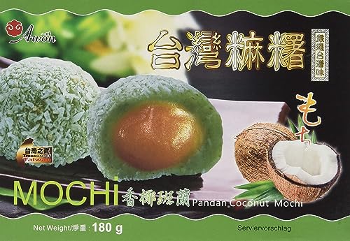 AWON Mochi Kokosnuss Pandan, kleine Klebreiskuchen, als Nachtisch oder als süßer Snack zwischendurch (1 x 180 g mit 6 Mochis pro Packung) Vanille