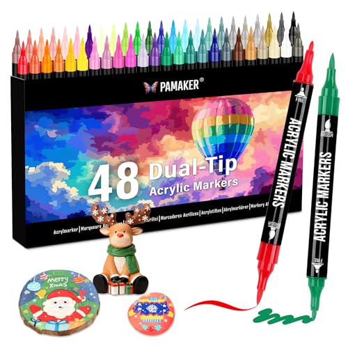 Pamaker 48 Farben Acrylstifte Set – Acrylmarker mit feiner Spitze und Pinsel für Stoff, Leinwand, Glas, Holz und Papier – Ideal für Kinder und Erwachsene, zum Zeichnen und DIY-Bastelprojekte