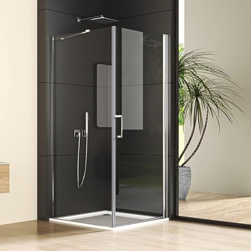 Duschkabine Schwingtür mit Seitenwand 90x90cm Eckeinstieg Duschabtrennung, Silber Einzelschwingtür mit festem Seitenteil, Duschwand mit 6mm NANO ESG Glas, Pendeltür Höhe 195cm