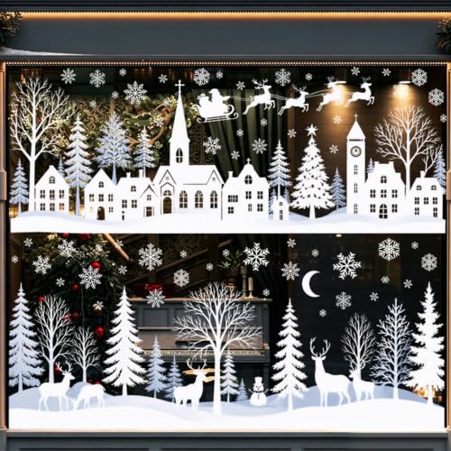 Fensterbilder Weihnachten Selbstklebend, Fensterbild Weihnachtsdorf Fenstersticker Weihnachten Weiß Winterdorf Schneeflocken Fensteraufkleber Weihnachts Fenstersdeko,Weis Häuser und Baum