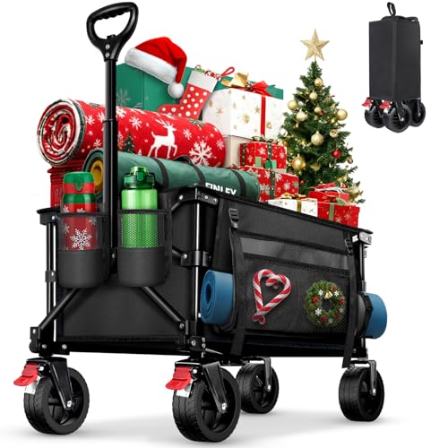 BELEEV Bollerwagen Faltbar mit Bremsen, Handwagen Faltbarer Groß XXL All Terrain Räder, Seitentasche, Getränkehalter, 100KG 130L Wagon Klappbar Kinder Strandwagen, Gartenkarre, Einkaufswagen, Camping