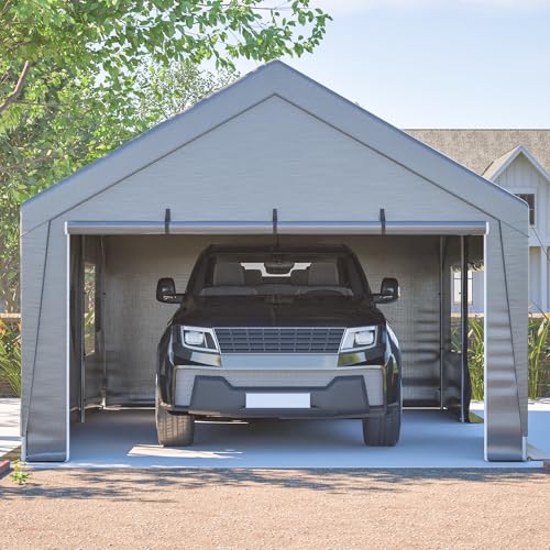 Carport Zelt 4×6 m – Winterfeste Zeltgarage mit Roll-Up-Fenstern, Autozelt als Geräteschuppen für Auto, Motorrad, Boot & Geräte (Grey, 6x4x3m)