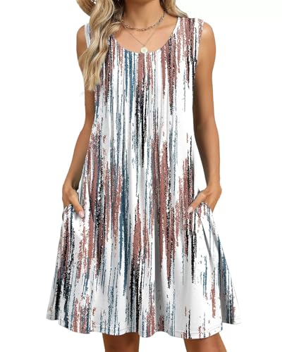 PICKLION Damen Sommerkleid Strandkleid Kleid Boho Sommer Leicht Kleider Midi Ärmellos mit Taschen S-2XL GestreiftWeiß M