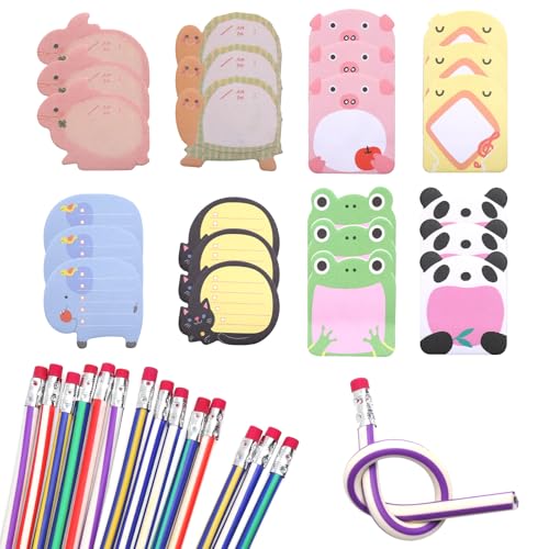 TNSLAND Teiliges Zauberstift Set, 15 Biegebleistifte mit Radiergummi für Schule & Mitgebsel, mit 24 Tier-Haftnotizen, Biegbar weich, Bricht Nicht, Perfekt Geschenk, Partyartikel, Weihnachten