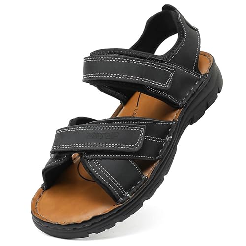 ziitop Herren Leder Sandalen Outdoor Trekkingsandalen Sommer Männer rutschfeste Leichte Trekkingschuhe Verstellbare Beach Sandalen Schwarz-1 43 EU