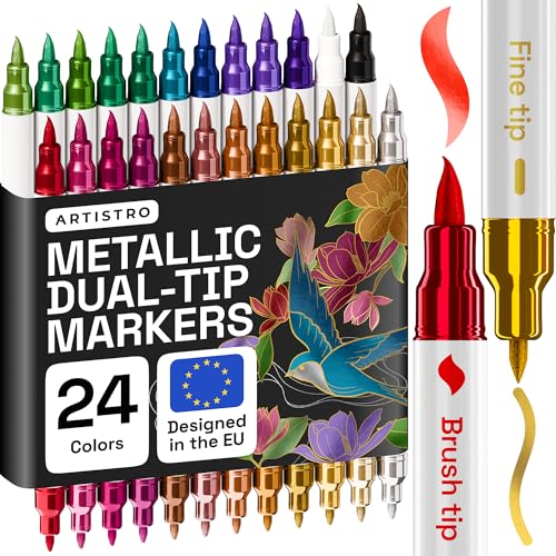 Artistro 24 Metallic Acrylstifte – Dual Tip (Pinsel & Fein) Marker für Stoff, Leinwand, Stein, Glas, Holz – Kalligrafie, Scrapbooking Zubehör, DIY & Geschenk für Kinder und Jugendliche – Kunstset