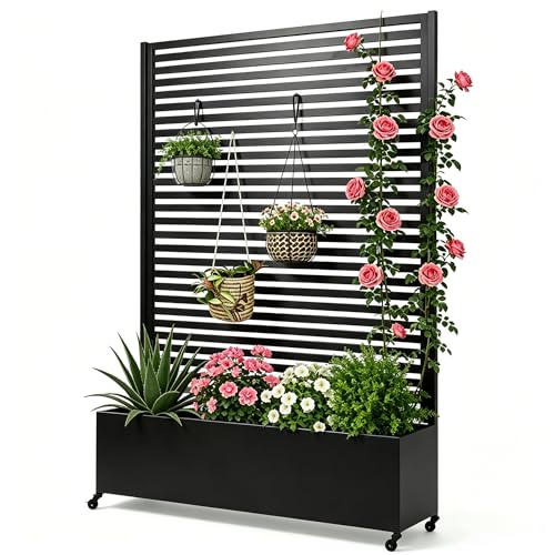 Pflanzkasten aus Metall für den Außenbereich mit Spalier, Hochbeet aus Metall mit Rad, freistehender Sichtschutz-Pflanzkasten für Blumen, Gemüse im Garten, auf der Terrasse, auf dem Balkon